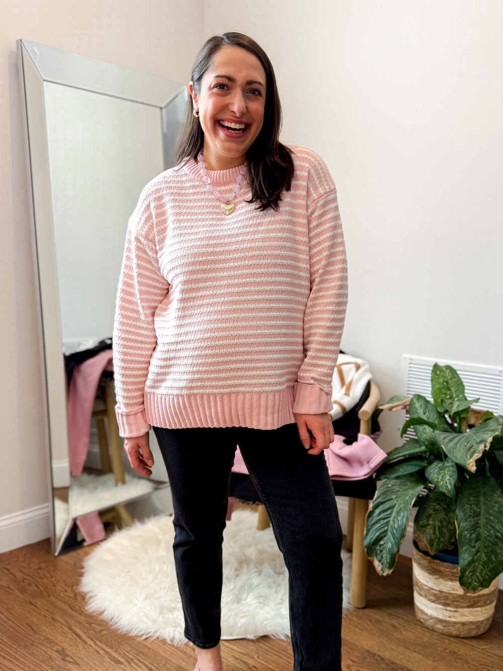 Time and Tru Pink Striped Ribbed Crewneck Sweater